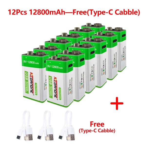 9V genopladeligt batteri, 12800mAh kapacitet, USB genopladeligt,12 stk 12800mAh, 9V