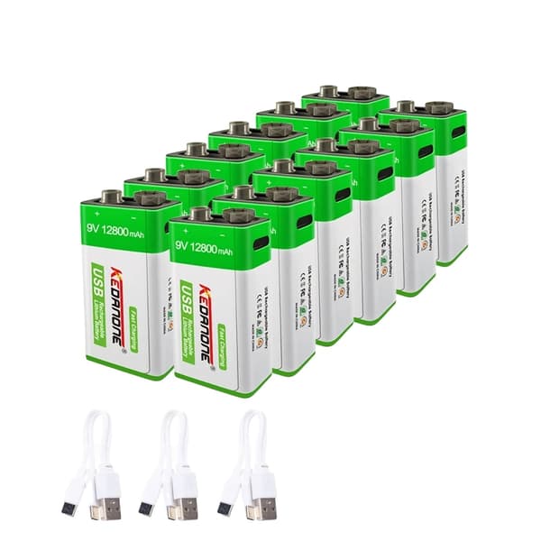 9V genopladeligt batteri, 12800mAh kapacitet, USB genopladeligt,12 stk 12800mAh, 9V