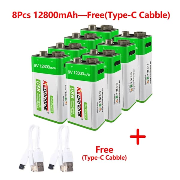 9V genopladeligt batteri, 12800mAh kapacitet, USB genopladeligt,8 stk 12800mAh, 9V
