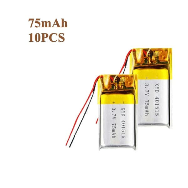 Genopladeligt polymer lithiumbatteri, 75mAh kapacitet, sikkerhedsbeskyttelsesfunktioner,75mAh 10 stk.