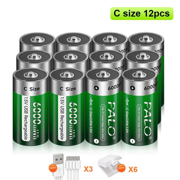C størrelse batteri, 6000mWh kapacitet, USB genopladelig, dimensioner 48*25MM,12 PCS Batteri
