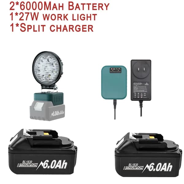 Genopladeligt Li-Ion-batteri, 6000mAh kapacitet, fleksible opladningsmuligheder,6AhX2 OpladerX1 LampeX1