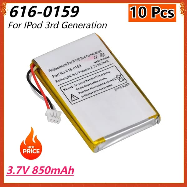 Erstatningsbatteri til iPod 3. generation, 850mAh, Li-Polymer teknologi,616-0159 10Stk