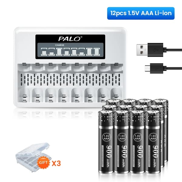 PALO 1.5V AAA Li-Ion Genopladelige Batterier, 900mWh Kapacitet, Flere Pakke Muligheder,12AAA 1 Oplader