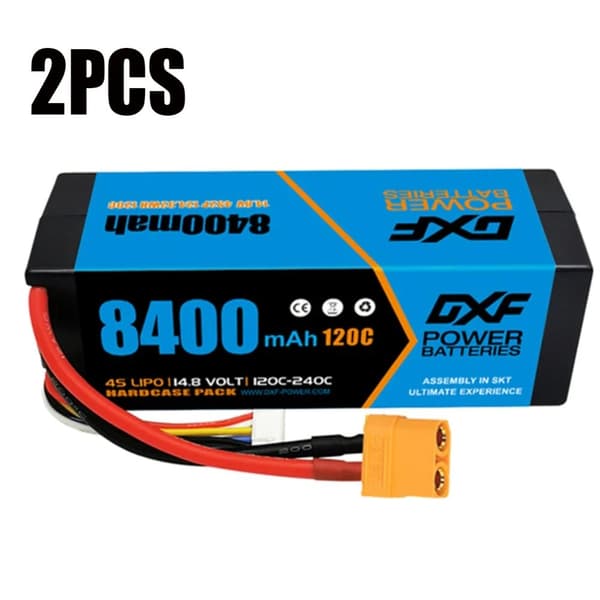DXF Lipo-batteri, 8400mAh kapacitet, 120C urladdningshastighet,2PCS4S8400120CXT90