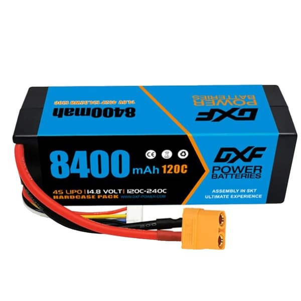 DXF Lipo-batteri, 8400mAh kapacitet, 120C afladningshastighed,2PCS4S8400120CXT90