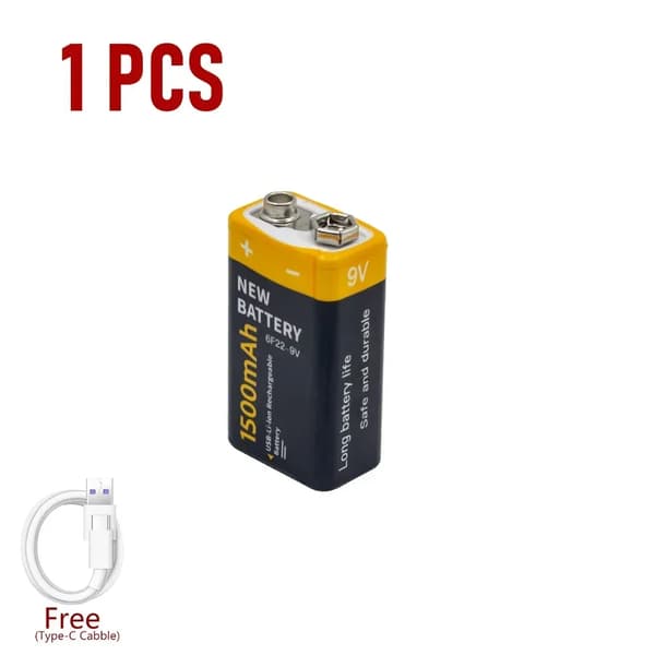 9V ladattava akku, 1500mAh kapasiteetti, yhteensopiva eri laitteiden kanssa,9V, 1 kpl ja tyyppi-c