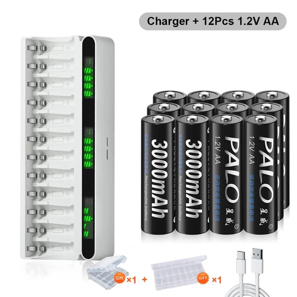 PALO Genopladelige AA-batterier, 3000mAh kapacitet, inkluderer batteriæske,12 batteri 1 oplader