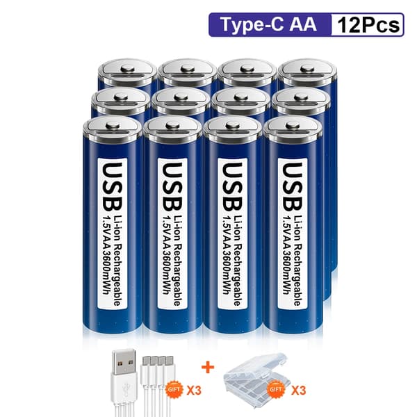Genopladelige Lithium USB-batterier, høj kapacitet 3600mWh, alsidige til fjernbetjeninger og legetøj,12AA