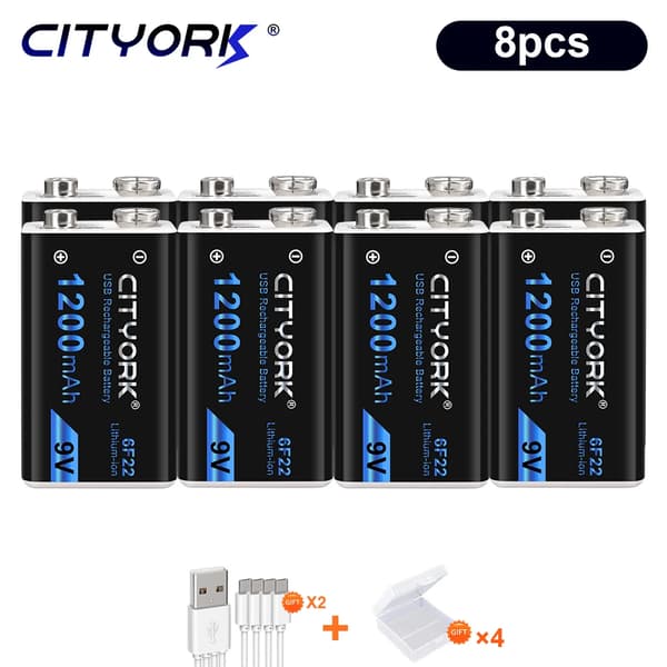 CITYORK 9V Genopladeligt Batteri, 1200mAh Kapacitet, Micro USB Opladning,8stk