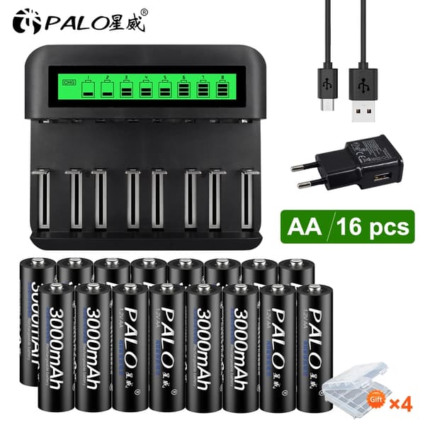 PALO Genopladelige Batterier, 3000mAh Kapacitet, USB Hurtigopladning,16AA og 1lader
