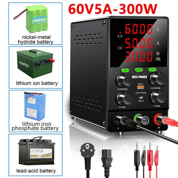 Justerbar DC Strømforsyning, 30V 20A Udgivelse, USB Hurtigopladningsporte,60V 5A opladning, 220V EU STIK