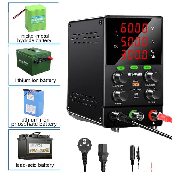 Justerbar DC Strømforsyning, 30V 20A Udgivelse, USB Hurtigopladningsporte,60V 5A opladning, 220V EU STIK