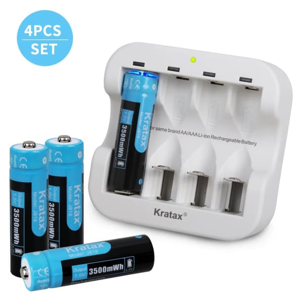 AA Li-ion genopladelige batterier, 3500mWh kapacitet, hurtiglader inkluderet,4 stk AA med oplader, 1,5V