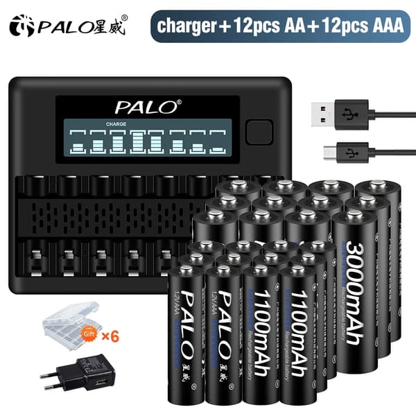 Genopladelige batterier, 3000mAh AA, 1100mAh AAA,12AA AAA 1 Oplader