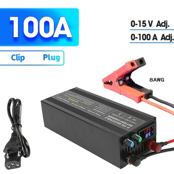 12V Lithiumbatterioplader, justerbar strøm op til 60A, CE-certificeret,12V, 100Ah Alligator Clip-a