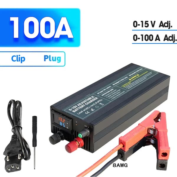 12V Lithiumbatterioplader, justerbar strøm op til 60A, CE-certificeret,12V, 100Ah Alligator Clip