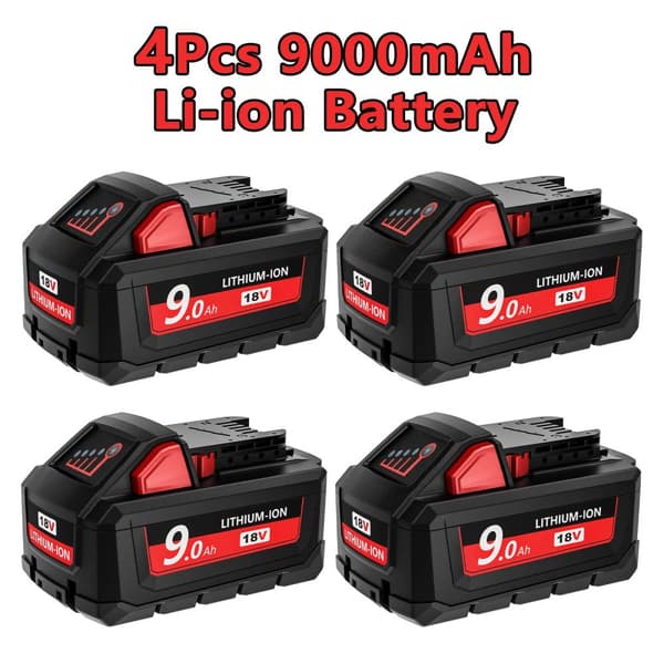 9000mAh litiumioniakku, 18V jännite, ylilataussuojaus,4Kpl Akut
