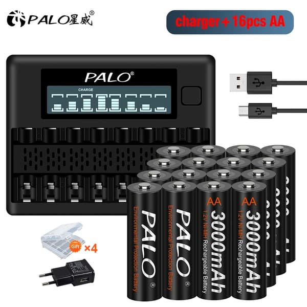 AA genopladeligt batteri med smart oplader, 3000mAh kapacitet, 1800 opladningscyklusser,16batteri 1oplader