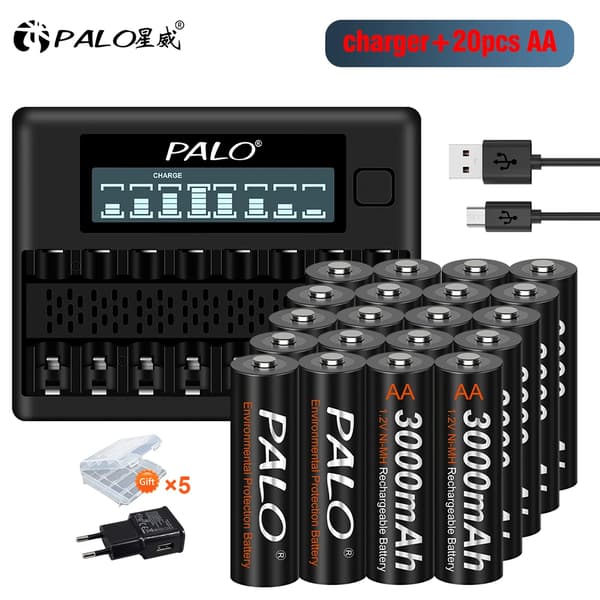 AA-ladattava akku älylaturilla, 3000mAh kapasiteetti, 1800 lataussykliä,20akku 1laturi