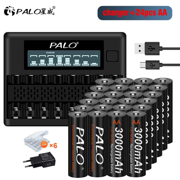 AA uppladdningsbart batteri med smart laddare, 3000mAh kapacitet, 1800 uppladdningscykler,24batteri 1laddare