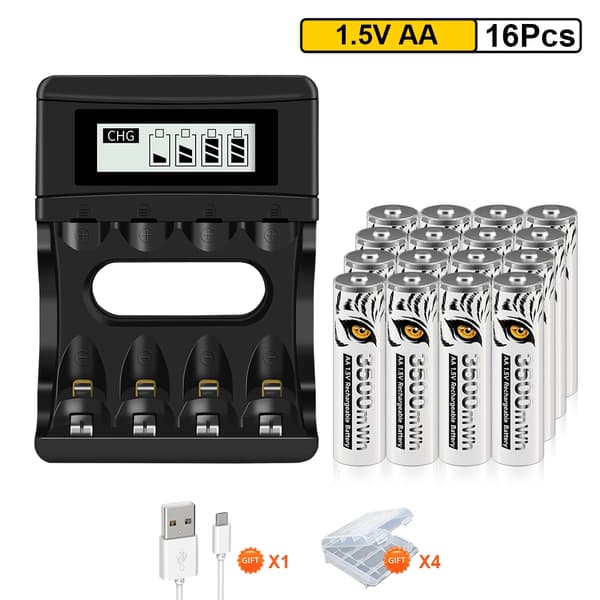 PALO AA Lithium-ion genopladeligt batteri, 1,5V output, inkluderer opbevaringsetui,16AA 1 Oplader