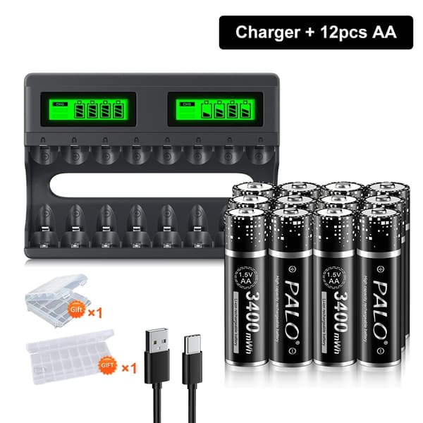 Li-Ion genopladelige batterier, 1,5V spænding, 3400mWh kapacitet, smart opladning,12stk og oplader