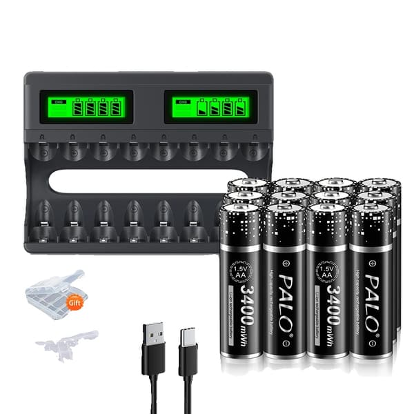 Li-Ion genopladelige batterier, 1,5V spænding, 3400mWh kapacitet, smart opladning,12stk og oplader