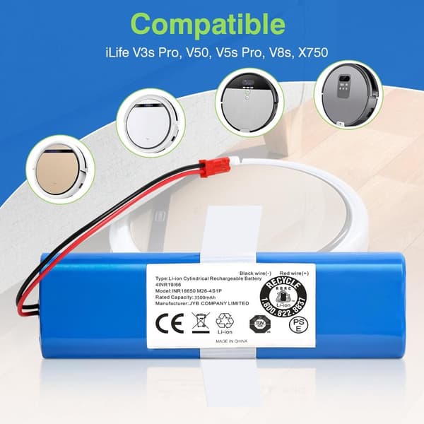 Lithiumbatteri til ILIFE robotstøvsugere, høj kapacitet 2600mAh, sikker Li-Ion teknologi,2600mAh