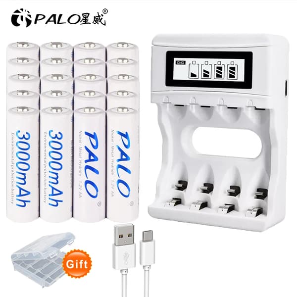 PALO Genopladelige AA-batterier, 3000mAh kapacitet, USB hurtigoplader,20AA og oplader