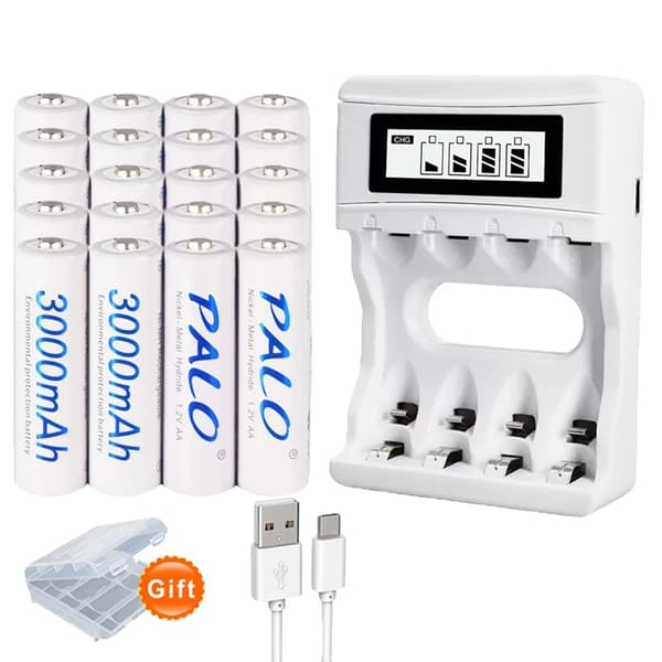 PALO Genopladelige AA-batterier, 3000mAh kapacitet, USB hurtigoplader,20AA og oplader