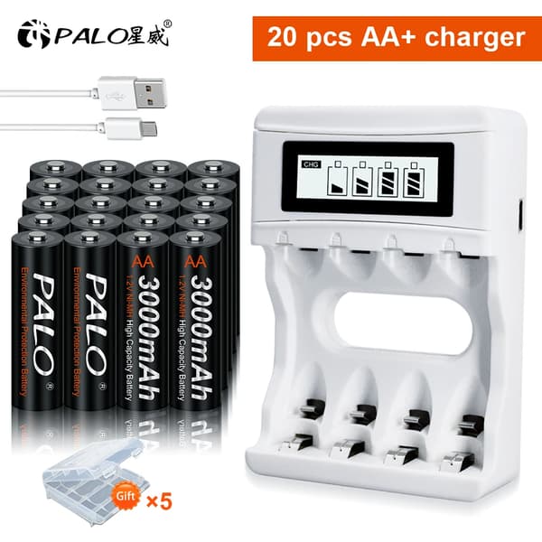 Genopladeligt AA-batteri, 3000mAh kapacitet, inkluderet smart oplader, 12V, 20AA og oplader