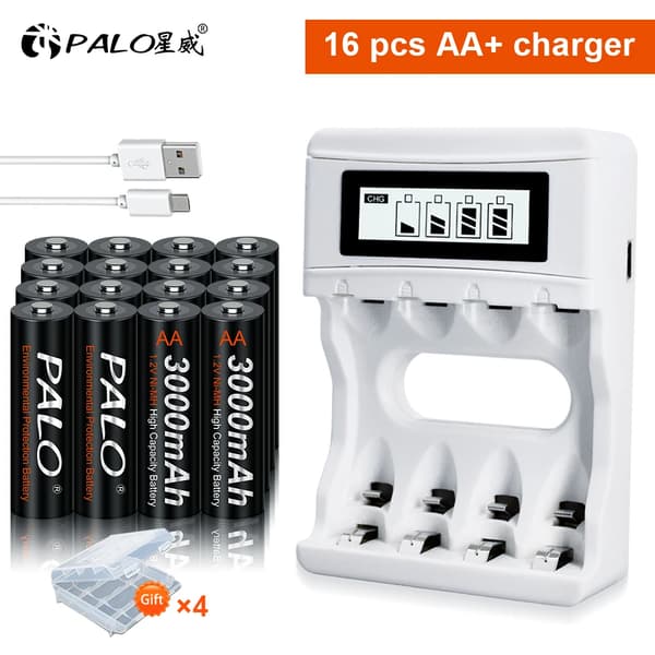 Genopladeligt AA-batteri, 3000mAh kapacitet, inkluderet smart oplader, 12V, 16AA og oplader