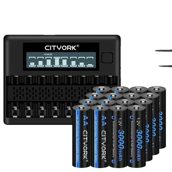 CITYORK Genopladelige AA-batterier, 3000mAh kapacitet, Smart oplader inkluderet,16 stk. og oplader