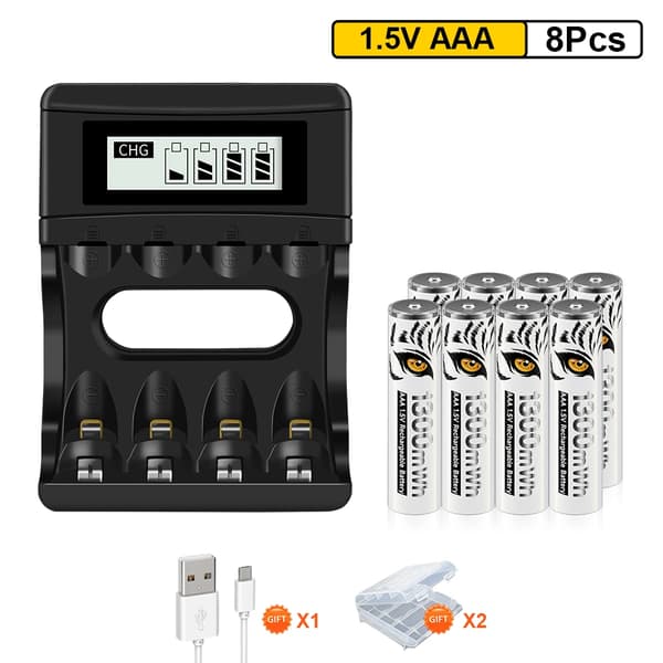 PALO 1.5V AAA Genopladeligt Batterioplader, LCD Skærm, 1300mWh Kapacitet,8AAA 1 Oplader