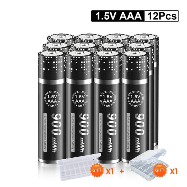 PALO Genopladeligt 1,5V AAA Batteri Pack, 900mWh Kapacitet, Smart LCD Oplader,12 stk. AAA-batteri