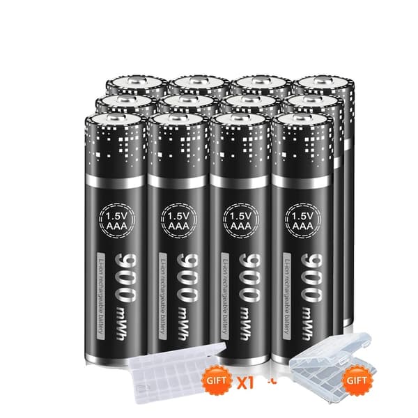 PALO Genopladeligt 1,5V AAA Batteri Pack, 900mWh Kapacitet, Smart LCD Oplader,12 stk. AAA-batteri
