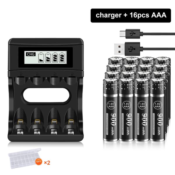 PALO Genopladeligt 1,5V AAA Batteri Pack, 900mWh Kapacitet, Smart LCD Oplader,16 batteri 1 oplader