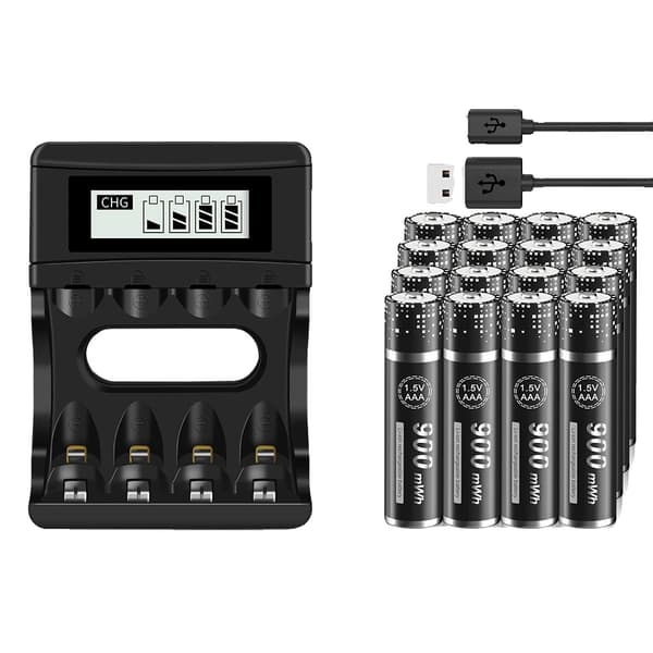 PALO Genopladeligt 1,5V AAA Batteri Pack, 900mWh Kapacitet, Smart LCD Oplader,16 batteri 1 oplader