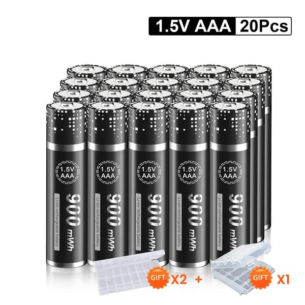 PALO Genopladeligt 1,5V AAA Batteri Pack, 900mWh Kapacitet, Smart LCD Oplader,20 stk. AAA-batteri