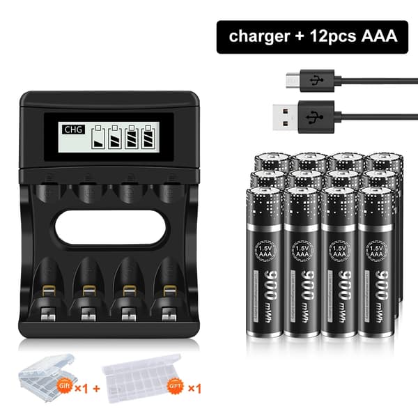 PALO Genopladeligt 1,5V AAA Batteri Pack, 900mWh Kapacitet, Smart LCD Oplader,12 batteri 1 oplader