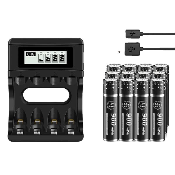 PALO Genopladeligt 1,5V AAA Batteri Pack, 900mWh Kapacitet, Smart LCD Oplader,12 batteri 1 oplader