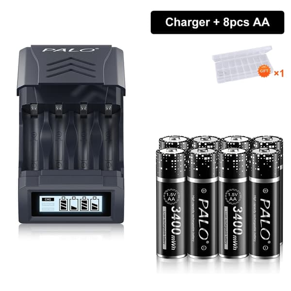 PALO Genopladeligt Batteri Sæt, 8AA 3400mWh, 8AAA 900mWh,8AA og oplader