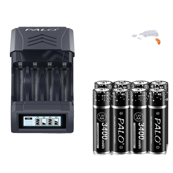 PALO Genopladeligt Batteri Sæt, 8AA 3400mWh, 8AAA 900mWh,8AA og oplader