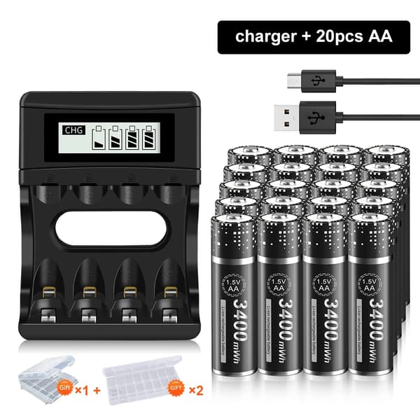 PALO AA genopladelige batterier, høj kapacitet 3400mWh, lang cykluslevetid 1500 opladninger,20AA og oplader