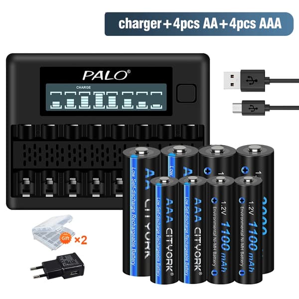Genopladelig Batterioplader, LCD-skærm, 8 Slots, 4AA 4AAA 1oplader