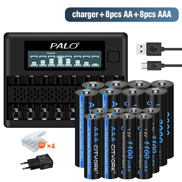 Genopladelig Batterioplader, LCD-skærm, 8 Slots, 8AA 8AAA 1oplader