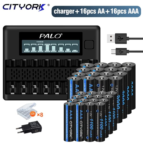 Genopladelig Batterioplader, LCD-skærm, 8 Slots, 16AA 16AAA 1oplader