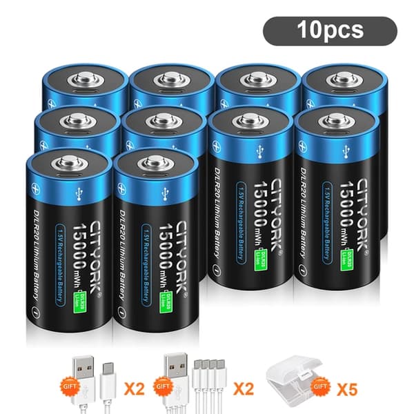 Genopladeligt D-størrelse batteri, 15000mWh kapacitet, USB-opladning, 10 stk D-batteri