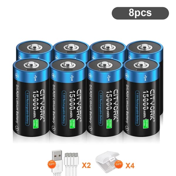Genopladeligt D-størrelse batteri, 15000mWh kapacitet, USB-opladning, 8 stk D-batteri